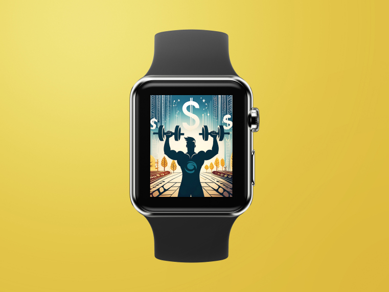 An Apple watch screen image of a strong male cartoon figure weight-lifting with a Golden Coast Finance icon across his chest.