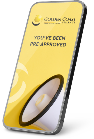 Bright yellow phone alert reading, “YOU’VE BEEN PRE-APPROVED” with Golden Coast Finance Logo and a megaphone.