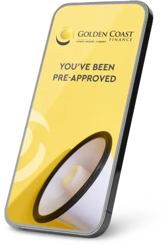 Bright yellow phone alert reading, “YOU’VE BEEN PRE-APPROVED” with Golden Coast Finance Logo and a megaphone.