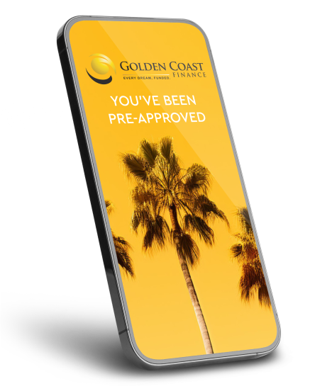 iPhone screen with text, “YOU’VE BEEN PRE-APPROVED” with a yellow palm tree background and Golden Coast Finance logo. 