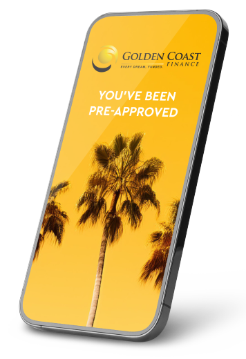 iPhone screen with a notification that you’ve been pre-approved with a yellow palm-tree background and Golden Coast Finance logo. 